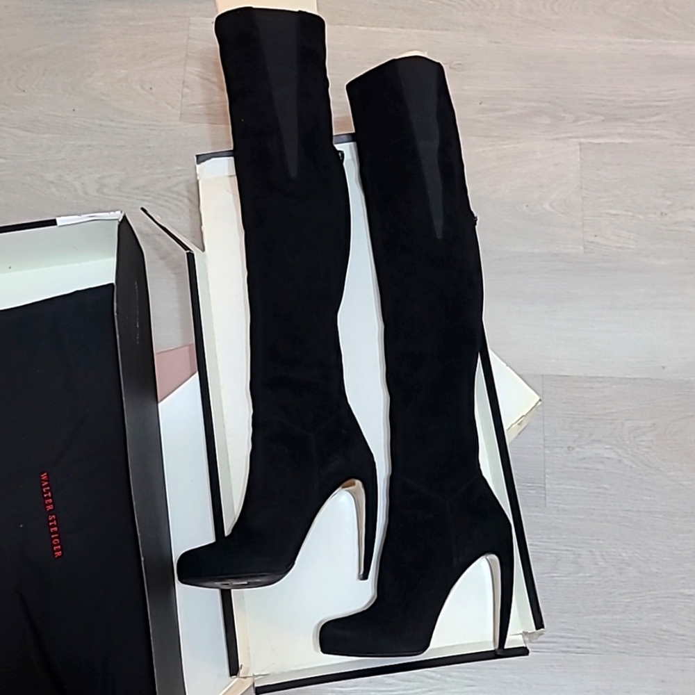 Walter Steiger over the knee tall platform black suede boots horn heel 37.5